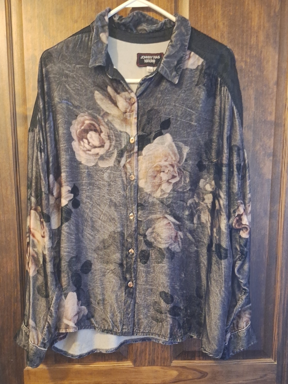 Johnny Was Charcoal and Blush Rose-Print Button Front Blouse
